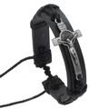 Detail of black woven leather bracelet featuring metal cross and adjustable knot - 07-Black Leather INRI Cross Style