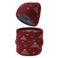 Winter thermal knit hat and neck warmer set in burgundy with festive cedar tree patterns - Burgundy