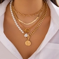 Baroque irregular pearl layered necklace with gold coin pendant and vintage snake chains - Elizabeth Coin Multi Layer Set Style (09)