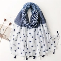 Blue and white floral cotton linen scarf with tassels and striped pattern layout - Blue White Stripe Floral