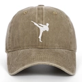 Vintage khaki washed cotton baseball cap featuring martial arts kung fu embroidery - Adjustable / Khaki
