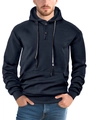 Men's navy blue long sleeve hoodie with button drawstring neck and jacquard texture - Navy Blue
