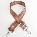 Detail of brown nylon strap with white arrow embroidery and silver metal buckles - Khaki Silver Thread + Silver Buckle