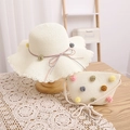 Straw sun hat and matching crossbody bag set with colorful pom-poms and wave rim - Cream White Hat + Bag Set