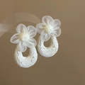 Handmade woven raffia flower U-shaped drop earrings with white lace petals and mesh details - Steel Earring Post White Mesh Flower Stud Earrings