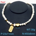 Gold heart and celestial pendant pearl necklace with OT buckle on black display stand - Baroque Pearl Relief Pendant Style (KN287684-Z)