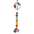 Macro detail of Tree of Life hanging ornament with seven chakra crystals and heart stones - Heart Style - Silver Round Frame
