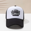 Detailed close-up of Los Angeles beach theme print on breathable mesh trucker hat - Black