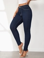 Detalle de vaqueros skinny de cintura alta con costuras blancas en contraste azul oscuro - L / Azul oscuro