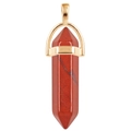 Detailed view of red hexagonal crystal stone pendant with golden metal bail connector - Red Jasper / + Waxed Cord Gold Tail Chain