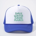 Cappellino trucker bianco e blu con ricamo SAVE WATER DRINK MARGS e retro in rete - Blu Reale