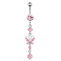 Detailed view of silver butterfly belly ring with sparkling pink zircon crystals on white background - 1966 Butterfly Pink