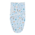 Light blue newborn swaddle blanket with giraffe and palm tree patterns and Velcro - Blue Giraffe Pattern Swaddle