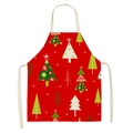 Linen Christmas apron featuring red festive tree patterns and white hanging neck straps - Red Hand Drawn Trees (WQ01-10)