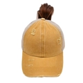 Close-up of yellow distressed mesh baseball cap with high ponytail hole and breathable net - One Size / Ginger Yellow