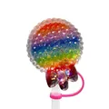 Rainbow rhinestone cup straw topper with red glitter bow and pink silicone ring - Rainbow Rhinestone Ball Red Bow
