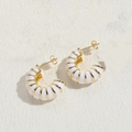 Golden C-shaped croissant earrings with white enamel finish and rib textured surface - White