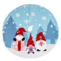 Round Christmas tree skirt featuring three festive cartoon gnomes on a snowy blue background - Blue Gnomes Print