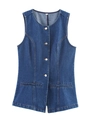 Detail of round neck and metal buttons on sleeveless medium blue denim vest - S / Royal Blue
