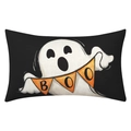 Halloween lumbar pillow cover with white cartoon ghost and orange BOO banner on black linen - Style 14-Black Ghost with Banner