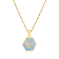 Collar hexagonal dorado con letra G e incrustacion de nacar azul claro - Concha Azul G