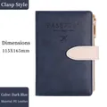 Dark blue RFID PU leather passport holder with elastic strap and zipper pocket, 115X165mm - Snap Button Style / Dark Blue