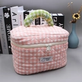Pink checkered quilted makeup bag with embroidered Melody handle and llama patch - Pink-Large