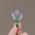Elegant gold-tone lavender flower brooch with purple marquise crystals and green leaves - 278# Lavender
