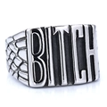 Macro detail of punk silver ring featuring BITCH engraving and snake scale textures - US 5 / Silver