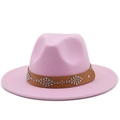 Detail of pink wool fedora hat featuring a brown leather band with silver metal studs - Pink
