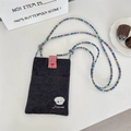 Detail of denim crossbody phone bag with dog embroidery and colorful beaded strap - Dark Blue Dog