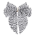 Detailed view of large black and white polka dot chiffon bow clip with pearl accent - Speckled White