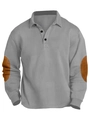 Men's grey long sleeve polo shirt with ribbed texture and brown faux leather elbow patches - S / Gray