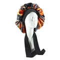 Satin leopard print sleep bonnet with long adjustable straps and wide black headband - Chain Orange