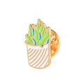 Broche plante grasse en émail vert avec pot blanc à rayures dorées élégantes - Pot de Feuilles Bleu-Vert (C1077-1)