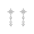 Macro detail of silver sunburst earrings featuring zircon stones and a cone pendant - Eight Point Star Rhombus Dangle / Silver