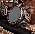 Vintage men's silver ring with oval black onyx and intricate woven textured details - HJZ024-Oval Black Stone Hollow