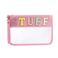 Pink transparent PVC makeup bag with colorful STUFF chenille glitter embroidery - Pink-STUFF