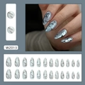 Pack de 24 uñas postizas cat eye plateadas con llamas negras y forma de almendra - Estilo de Pegamento con Patrón de Llama de Ojo de Gato / Gris Plateado Dulce y Fresco (W2013)