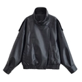 Women's black litchi grain faux leather biker jacket with high neck and oversized silhouette - XS / Black