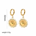 Detail of gold sunburst earrings with green stone inlay, 32mm length and 6.5g weight - Green Stone Sunburst Style (TE6098)