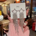 Silver 925 long tassel star earrings with full diamond pavé rhinestones for women - Hollow Star Multi-Row Tassel (E0270) 925 Sterling Silver Earring Post