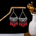 Bohemian retro silver drop earrings with red beads and turquoise stone in ethnic style - E5874-1 Red Fan-shaped Beaded