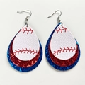 Detailed macro view of triple-layered baseball drop earrings in red, white and blue glitter - Style 7-White Baseball Red Blue Glitter