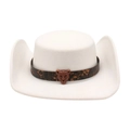 White felt western cowboy hat featuring leopard print band and bronze leopard head buckle - One Size / White With Leopard Head Belt