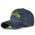 Vintage navy blue washed baseball cap with yellow M embroidery and brown leather brim - Adjustable / Navy Blue