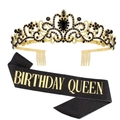 Pink girl rose gold birthday party set with queen crown and Birthday Queen sash - One Size / Gold Black Rhinestone Crown + Black Sash Gold Text