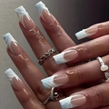 Long coffin-shaped press-on nails with 3D blue and white French wave pattern design - Blue and White French Waves (DS61)