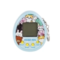 Light blue egg-shaped digital pet game with cartoon animals and yellow buttons - Egg Blue
