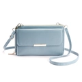 Light blue crossbody cell phone wallet with pebble leather texture and silver metal trim - Denim Blue